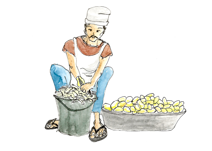 Illustration “Eplucheur népalais” inspirée du roman de Solèyne Joubert, réalisée à l’atelier Pieko par Audrey Bourdin à Toulouse — univers graphique évocateur et narratif