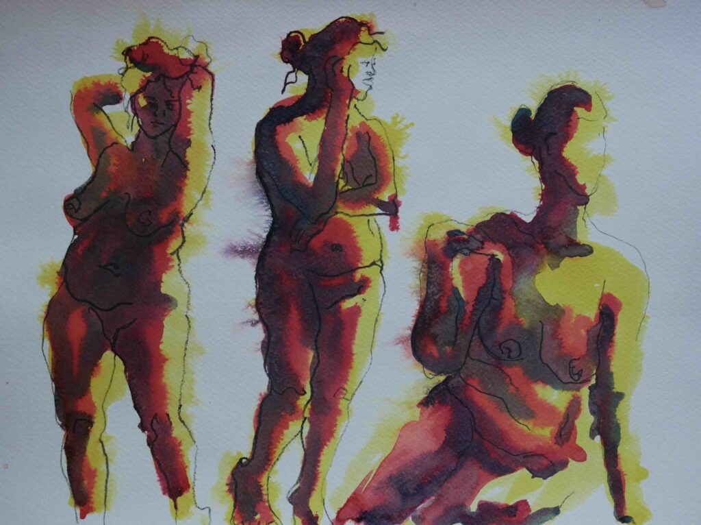 Dessin de modèle vivant à l'encre et aquarelle, réalisé par Audrey Bourdin de l'Atelier Pieko à Toulouse