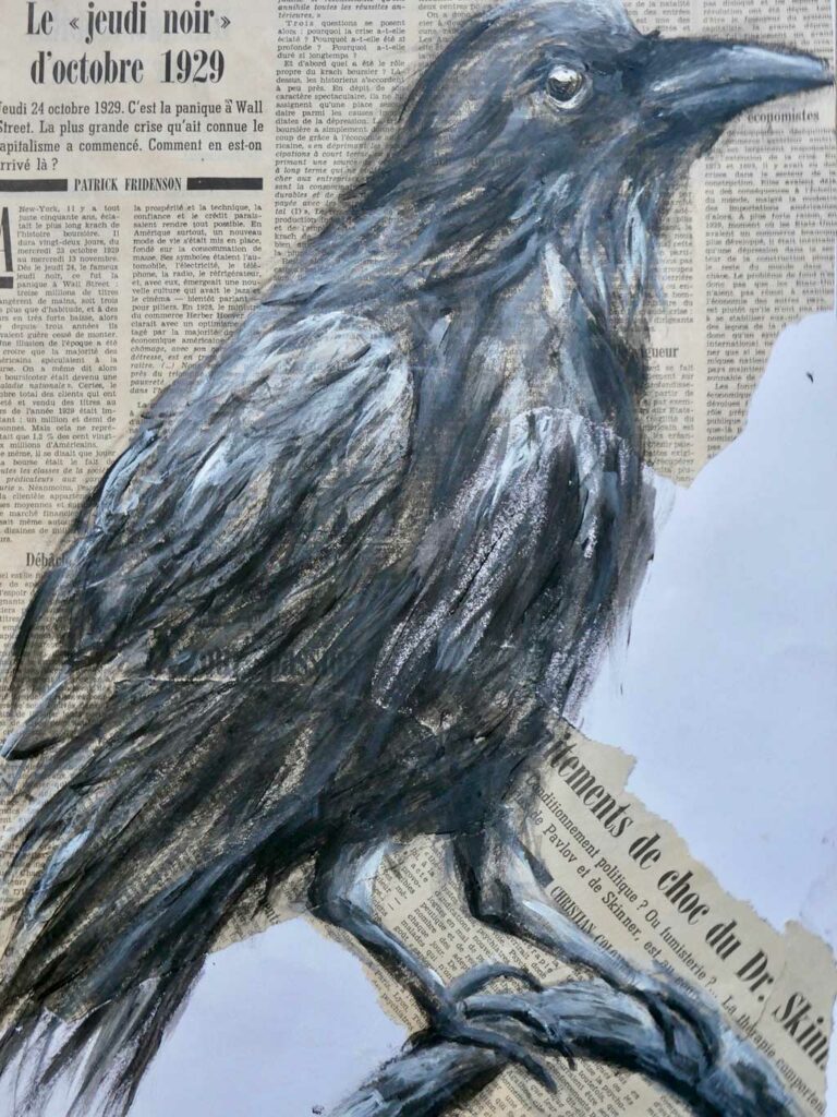 Illustration d'un corbeau à la gouache, réalisée par Audrey Bourdin de l'Atelier Pieko
